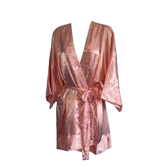 Victoria’s Secret Vintage Gold Label Peach Satin Short Robe Kimono O/S 54" Bust - Picture 1 of 8